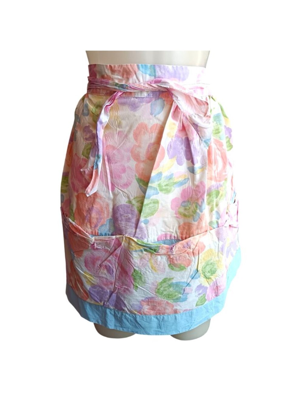 True Vintage Floral Half Apron 1960's Handmade Pastel Watercolor Design  Pockets